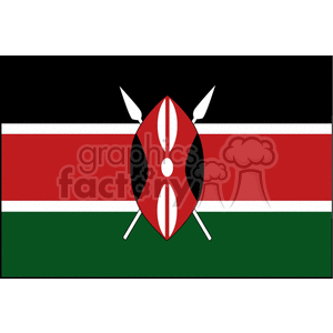 The image shows the national flag of Kenya. The flag has horizontal stripes of black, red, and green, with the red stripe edged in white. In the center, there's a Maasai shield and two crossed spears.