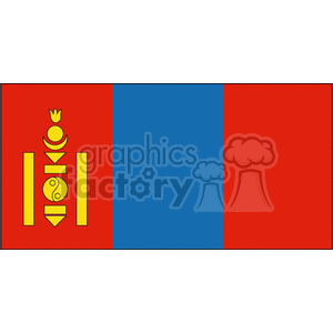 The image depicts the flag of Mongolia. The flag consists of three vertical stripes, with two red stripes on either side of a blue stripe. On the leftmost red stripe, there is a golden Soyombo symbol, which is a national emblem of Mongolia.