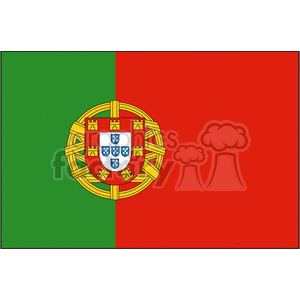 The image is a clipart representation of the flag of Portugal. The flag has a vertical green strip on the hoist side and a larger red field on the fly side. At the boundary of the green and red fields is the national coat of arms, featuring a shield with white blue shields, red border with seven small yellow castles, and a larger red border containing the seven castles. Behind the shield is a yellow armillary sphere.