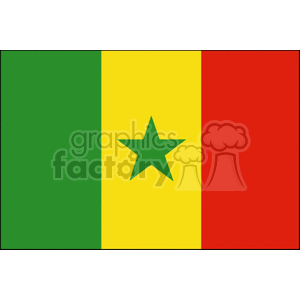 The image is a graphic representation of the flag of Senegal. The flag consists of three vertical bands of green, yellow, and red, with a green five-pointed star centered on the yellow band.