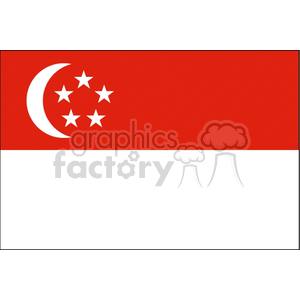 The image shows the national flag of Singapore, which consists of two horizontal halves – a red top half and a white bottom half. In the top left corner, there is a white crescent moon beside five white stars forming a circle.
