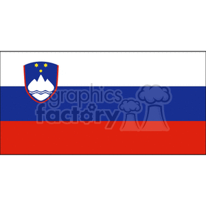 The clipart image shows the national flag of Slovenia. The flag consists of three horizontal stripes in white at the top, blue in the middle, and red at the bottom. On the left side of the flag, towards the hoist side, there is the coat of arms of Slovenia which includes a graphic representation of Mount Triglav, Slovenia's highest peak, in white against a blue background, along with two wavy blue lines representing rivers, and three six-pointed stars arranged in an inverted triangle, taken from the coat of arms of the Counts of Celje, the great Slovene dynastic house of the late 14th and early 15th centuries.