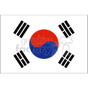 This clipart image features the national flag of South Korea. It showcases the flag's distinct design with a white background, a red and blue Taeguk (yin-yang symbol) in the center, and four black trigrams, one in each corner of the flag.