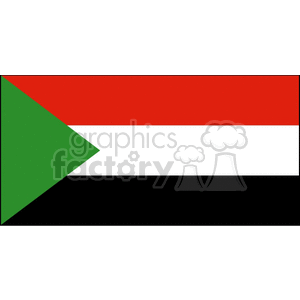 The image displays the national flag of Sudan. The flag features a horizontal tricolor of red, white, and black stripes with a green triangle at the hoist side.