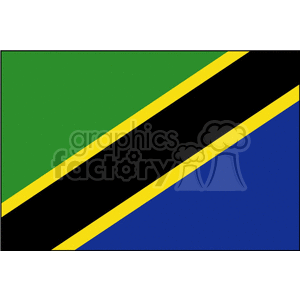 The image is a simplified representation of the national flag of Tanzania. It features a diagonal black band bordered by yellow edges, dividing the flag into two triangles: green on the top-left and blue on the bottom-right.