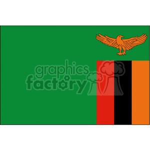 This is a clipart image of the flag of Zambia. The flag features a green background with a red vertical stripe bordered by thinner black and orange vertical stripes on the right side. Above the stripes, there is an image of an eagle in flight.
