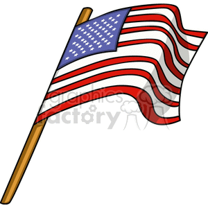 The clipart image depicts a waving American flag, characterized by its iconic red and white stripes and white stars on a blue field, attached to a flagpole.