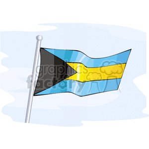 The image depicts a cartoon or clipart-style illustration of the Bahamian flag. The flag consists of a black equilateral triangle against the mast, superimposed on a horizontally striped background of aquamarine, gold, and aquamarine.