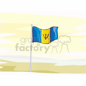This clipart image features the national flag of Barbados, which consists of two vertical bands of ultramarine, flanking a golden middle band. The flag displays a black trident head, known as the Broken Trident, in the center of the golden band symbolizing independence and a break from colonial past.