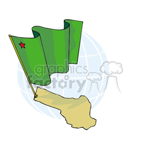 The clipart image features a stylized illustration of the national flag of Benin, depicted with a waving effect. The flag is shown with its distinctive green color and a small red star in the upper corner. In the background, there is a faint outline of a globe, suggesting an international context. The image also includes a simplified, two-dimensional, gold-colored outline representation of the country's map at the base of the flag.