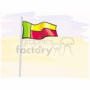 The image depicts a stylized illustration of the national flag of Benin on a flagpole, with a simple background that suggests it might be waving in a light breeze. The flag consists of two horizontal yellow and red bands with a green vertical band to the left side.