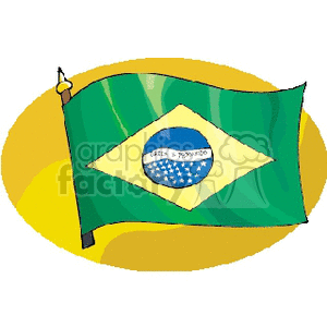 The image features a stylized illustration of the Brazilian flag. The flag is waving and depicts the green field with a large yellow rhombus in the center, inside of which is a blue globe with white stars and a white banner bearing the national motto: Ordem e Progresso (Order and Progress).
