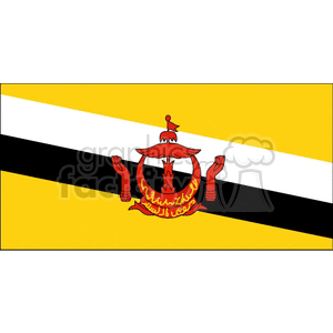 The clipart image displays the national flag of Brunei. The flag features a yellow field cut by two diagonal bands of white and black, which run from the lower hoist-side corner to the upper fly-side corner. In the center, there is the national emblem of Brunei in red, which includes a crest with a pair of hands, a royal parasol (or umbrella), wings, and a crescent below which there is a ribbon.