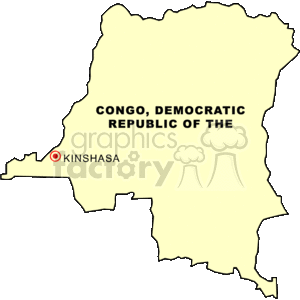 The image is a simplified map of the Democratic Republic of the Congo. It highlights the country's outline and marks the location of its capital city, Kinshasa, with a red circle.