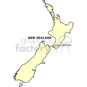 A clipart image of New Zealand with Wellington marked on the North Island.