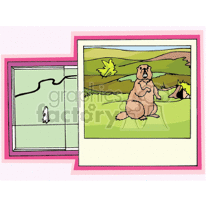   The clipart image features two framed pictures. On the left, there