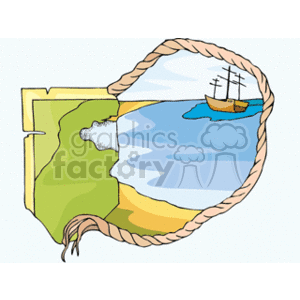 The clipart image features a stylized representation of a map that transitions into a scene. The left side of the image shows a green landmass, suggesting a coast or continent on a map. The transition to the right side shows a blue ocean or bay with waves, and there's a sailing ship on the water. The entire image is encircled by a rope, giving it the appearance of being framed or bounded like a nautical themed picture.