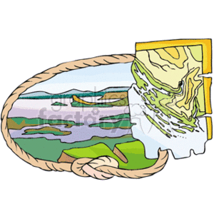   The clipart image depicts a stylized illustration of a topographic map with various land elevations and terrain types. The map appears to have a section that is magnified, showing greater detail of the contours and elevation of the land. It