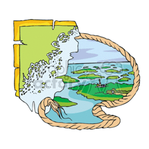   The clipart image shows a stylized map featuring a section of coastline with a series of green islands scattered across a blue water body. The map is encircled by a rope, indicating a nautical or maritime theme commonly associated with exploration or sea travel. The mainland area includes sections that seem to represent cliffs or elevated terrain due to the jagged outlines, and there is the presence of a beach or shore along the water