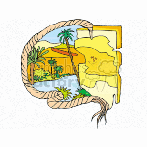   The clipart image displays a stylized tropical scene within a rope border that looks like a ship