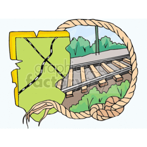   The clipart image features a yellow and green map with a black dashed line, representing a route or road, on the left side. On the right side, there