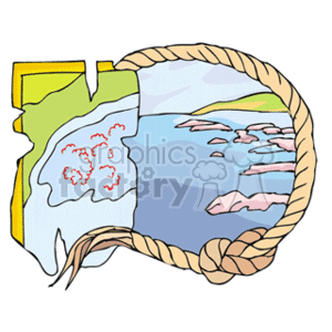   The clipart image features a stylized nautical-themed map. It displays a section of land at the top left corner, a body of water (possibly the ocean) in shades of blue, with various pink coral reefs, and a symbolic representation of a ship