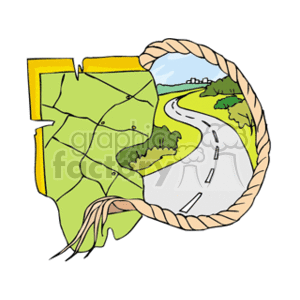   The clipart image depicts a stylized representation of a map with a segment of a winding road running through a landscape. The map appears as a backdrop with grid-lines, marking territories or regions. The road curves through a scenic environment featuring green areas that indicate vegetation or trees, and there