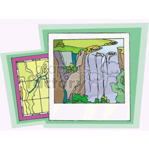 The clipart image shows two overlapping frames, with the one in the foreground depicting a colorful illustration of a waterfall. The waterfall has multiple cascades, surrounded by green vegetation and a river flowing away from its base. There's also a small yellow flower with a green stem on the cliff edge. The background frame displays a part of a map with roads and landscape features.