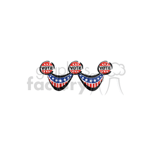 The clipart image features three circular badges with the word VOTE across them, each adorned with stars above and stripes below, reminiscent of the American flag's design. Beneath these badges are two bunting decorations, also resembling the American flag with their star-spangled blue upper section and red and white stripes hanging down. The overall design evokes a sense of American patriotism and is likely intended to promote voter participation in U.S. elections, potentially around Memorial Day or any patriotic event.
