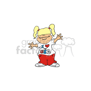 This clipart image depicts a cartoon of a young girl with her arms outstretched and a happy expression on her face. She is wearing a white T-shirt with the phrase I Love the USA prominently displayed, featuring a heart symbol representing the word Love. The girl's shirt signifies American patriotism. Her red shorts complement the shirt, and her blonde hair is styled in pigtails.