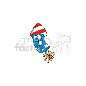  The clipart image features a cartoon-style rocket with a face, decorated with the colors and patterns traditionally associated with American patriotism: red and white stripes and white stars on a blue background. The rocket is wearing a hat resembling the American flag, with red and white stripes and a field of blue with white stars. There is a burst of golden fire or sparkle at the bottom, representing the rocket
