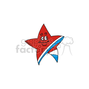 The clipart image features a red star with a cartoon face, expressing a happy emotion with its eyes and mouth. The star also has a design that incorporates elements of the American flag, with stripes in white and blue, along with a section that mimics the stars found on the flag.