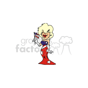 The clipart image depicts a stylized blonde woman wearing a patriotic dress that incorporates elements of the American flag design. She's holding a small flag and has a star on her dress, as well as stripes that mimic the flag's stripes.