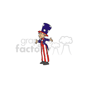 The image displays a clipart representation of Uncle Sam, an iconic symbol often associated with American patriotism. He is dressed in his traditional attire, which includes a blue tailcoat with white stars on the lapels, red and white striped trousers, a white shirt with a bow tie, and a top hat with stars and stripes reflecting the American flag. Uncle Sam is depicted with a stern, serious expression, and his hands spread out in a welcoming or expressive gesture.