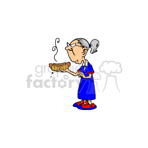 The clipart image depicts a cartoon of an elderly woman, presumably a grandmother, holding a steaming hot dog. She is dressed in a blue dress with white collar and cuffs, and she is wearing red and blue shoes, suggestive of an American theme. This attire, along with the hot dog, might hint at a patriotic event such as Labor Day in the United States, which is known for picnics and barbecues featuring such classic American foods.