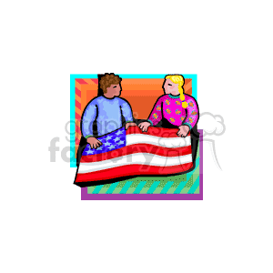 The clipart image features two cartoon children, a boy and a girl, holding an American flag. They appear cheerful and cooperative, possibly celebrating a patriotic holiday.