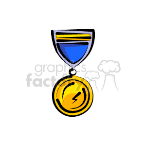 The image is a clipart illustration of a medal, which signifies an award or honor. The medal has a ribbon with a blue color on the top part and two yellow stripes. The medallion is gold with what appears to be a lightning bolt symbol in the center, possibly a reflection