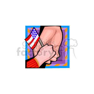 The clipart image shows a hand clutching a small United States flag, which features stars and stripes, a symbol of American patriotism. The flag is displayed prominently against a background that appears to be abstract or decorative. 