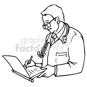 The clipart image depicts a medical doctor wearing glasses and a lab coat with a stethoscope around their neck. The doctor is attentively writing or reviewing notes on a chart that is resting on a flat surface, possibly a desk or a clipboard.