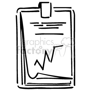 Black and white clipart drawing of a clipboard holding a chart with a rising trend.