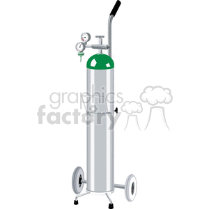 A clipart image of a medical oxygen tank with a green top, gauges, and wheels for portability.