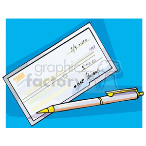 Clipart image of a filled-out check alongside a pen on a blue background.