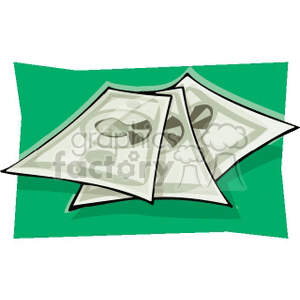 Clipart image of a stack of paper currency, depicted in a cartoon style with a green background.