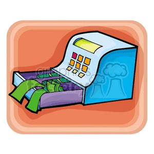 A colorful clipart image of a cash register with an open drawer containing green banknotes.