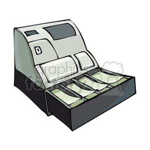 A clipart image of a cash register with an open cash drawer displaying money.