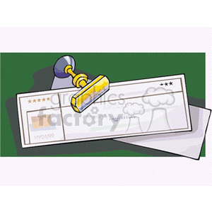 A clipart image depicting a stamp on a document or check, signifying approval or verification. The document has text and a date, with another paper partially visible underneath.