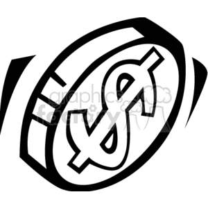 Black and white clipart image of a coin with a dollar sign on it.