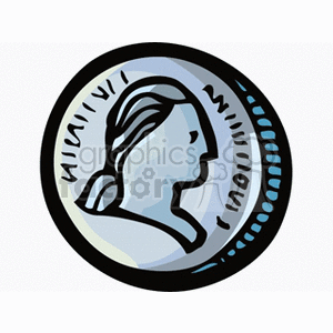 Clipart image of a coin with a profile of a person's head and some text around the edge.