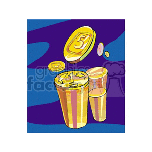 Clipart image featuring gold coins of various sizes piled high, on a blue background.