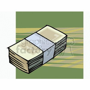 Clipart image of a stack of paper money bundled with a band against a green and yellow background.